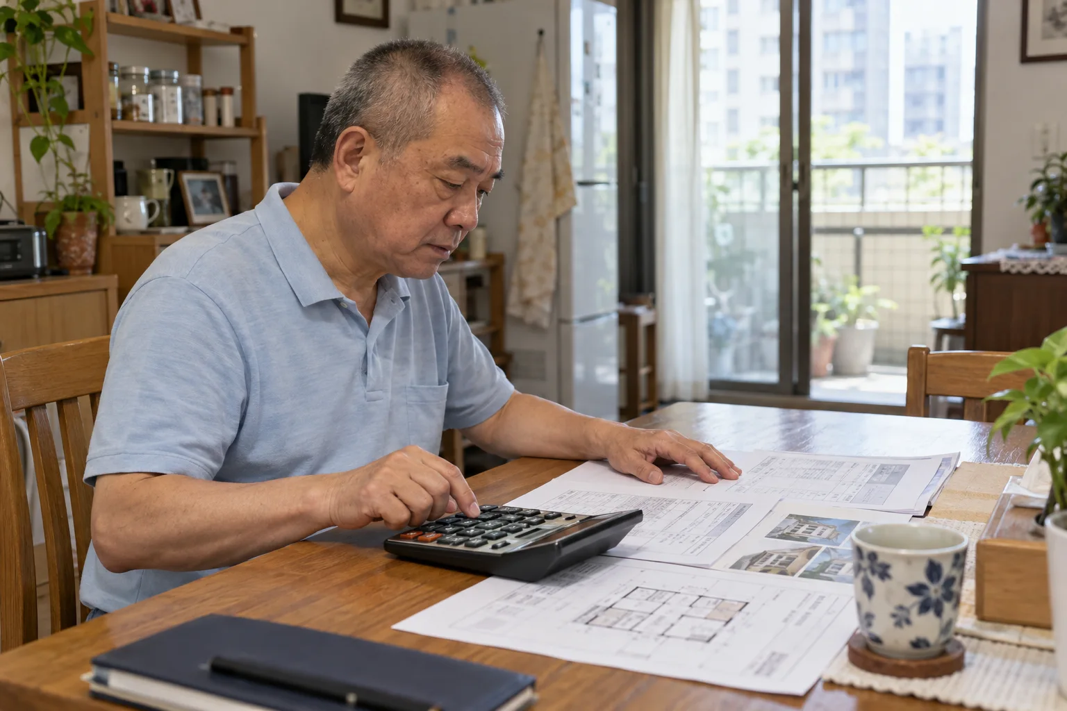 屋主在家中以計算機核對家庭預算與房屋費用表