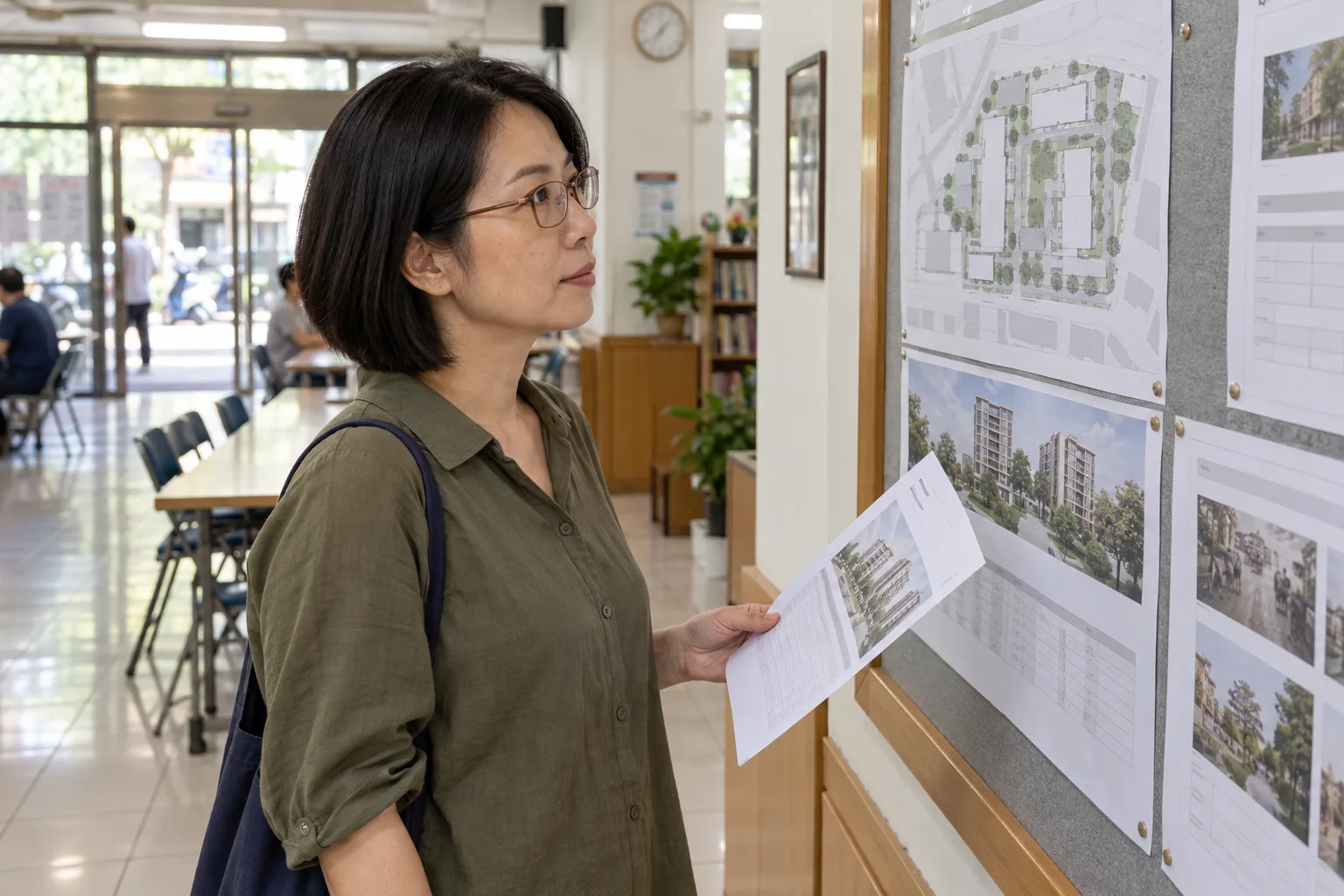 屋主在社區佈告欄閱讀初步更新方案與建築圖面
