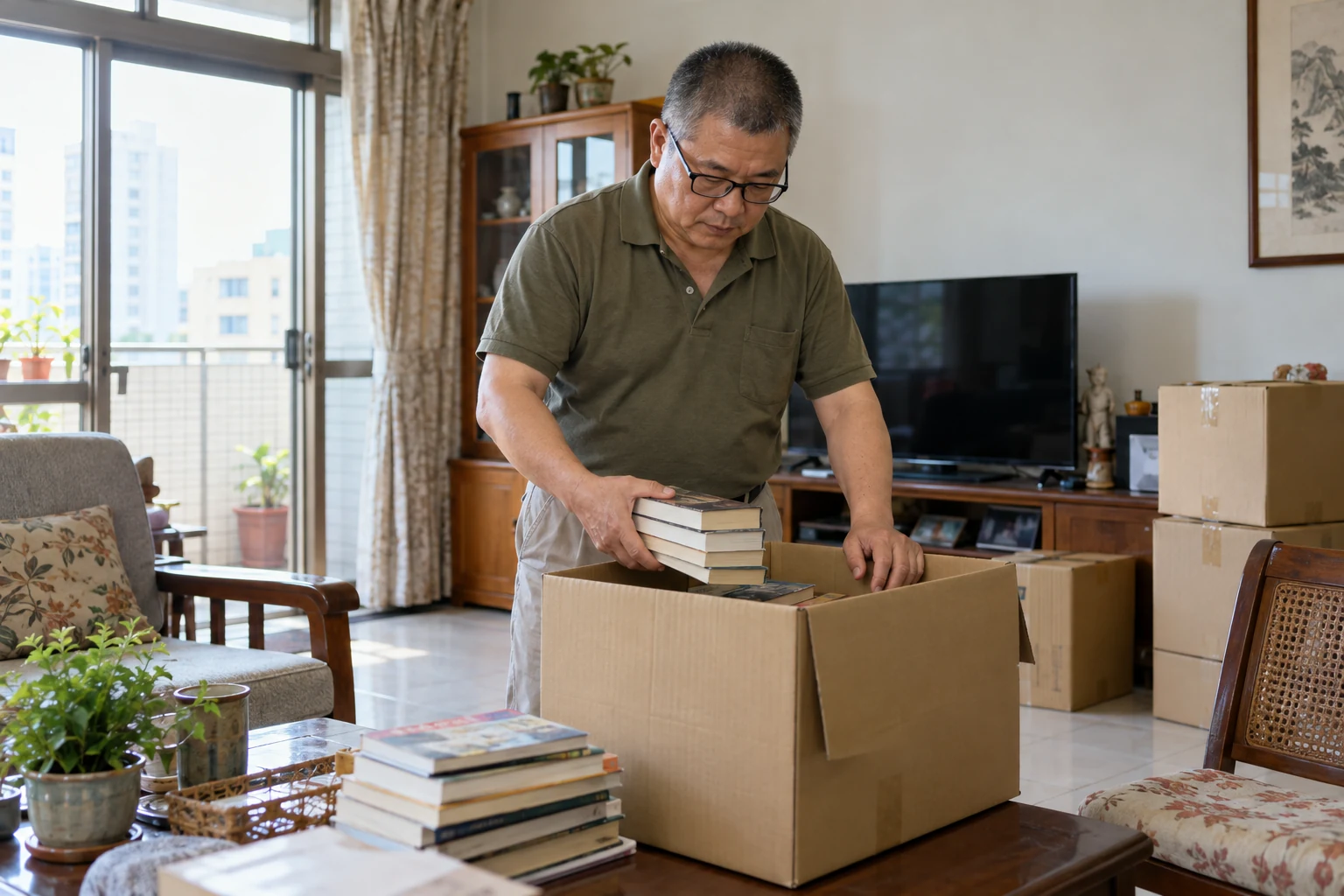 住戶在家中將書籍裝箱,準備搬遷