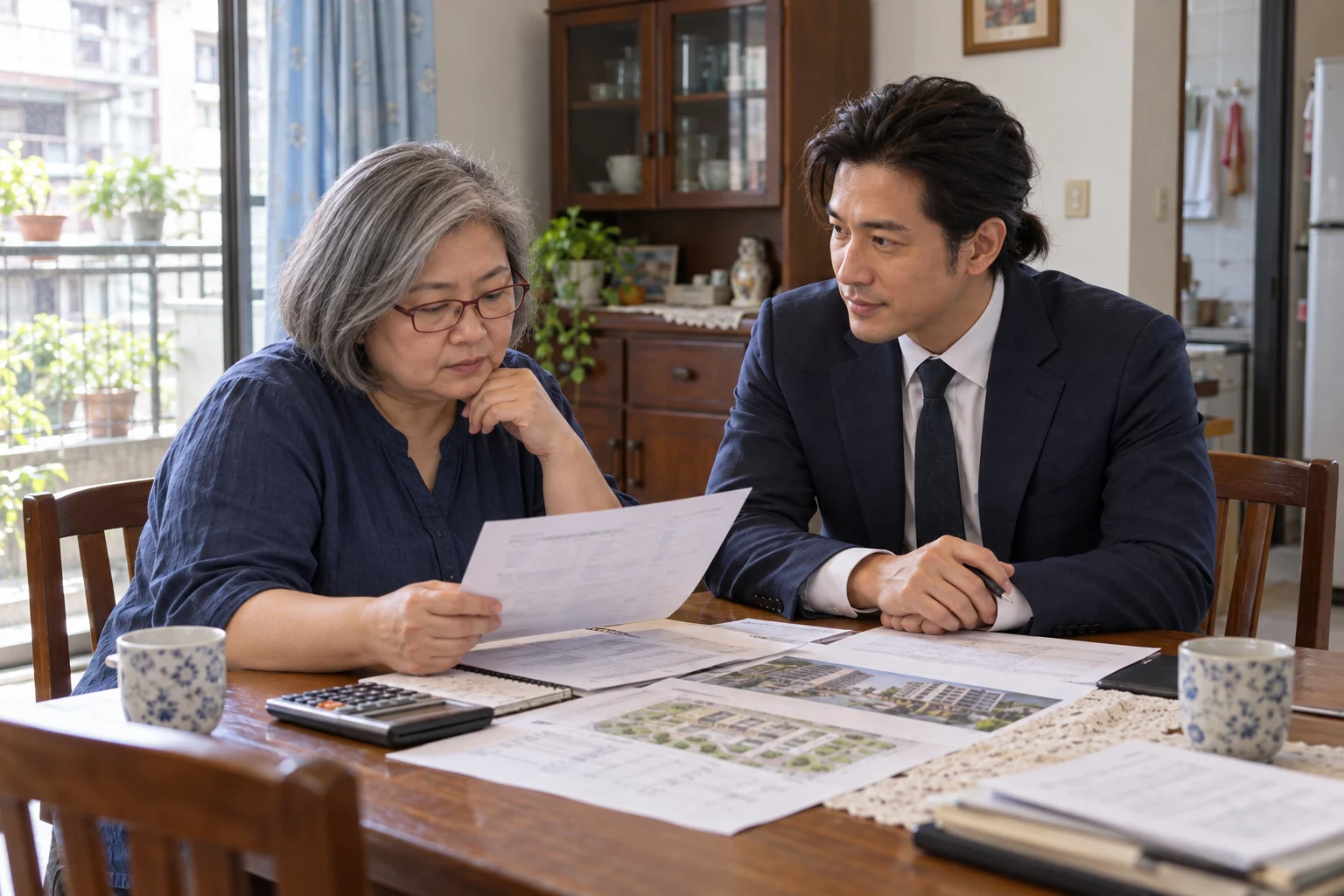 屋主在家中與顧問討論選屋資料及所需補款